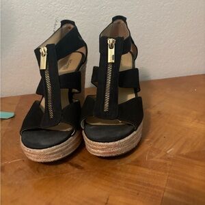 MICHAEL Michael Kors Berkley Canvas Zipper Wedge Platform Sandals Black Size 7.5